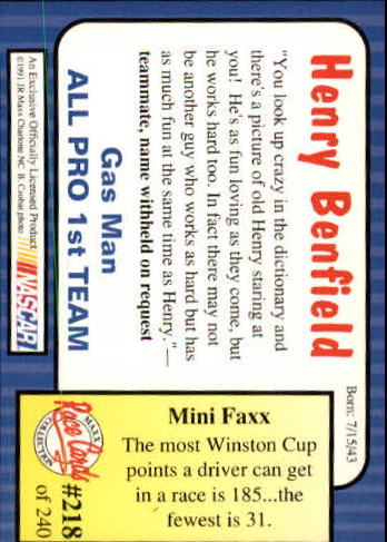 1991 Maxx #218 Henry Benfield RC back image