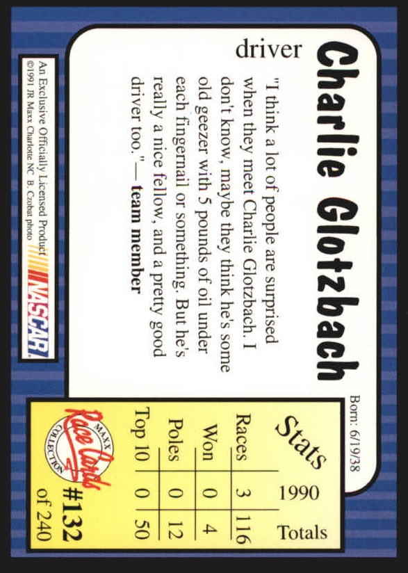 1991 Maxx Update #132 Charlie Glotzbach RC back image
