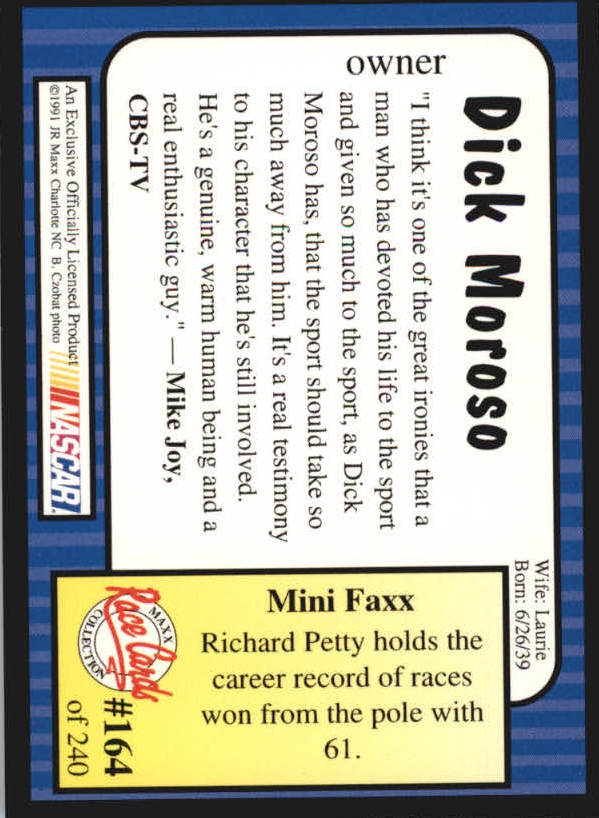 1991 Maxx Update #164 Dick Moroso RC back image