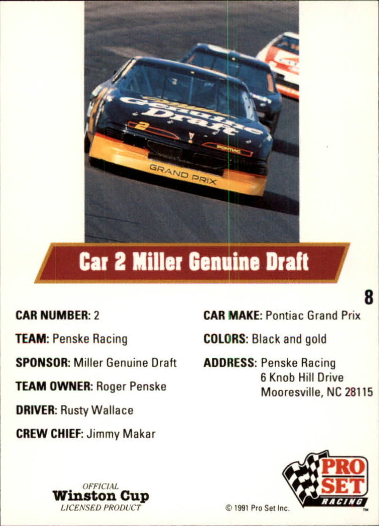 1991 Pro Set #8 Rusty Wallace's Car back image