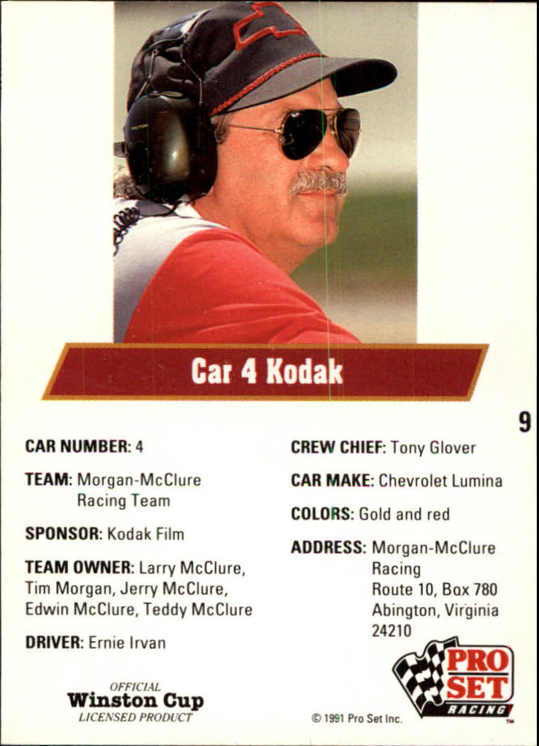 1991 Pro Set #9 Ernie Irvan's Car back image