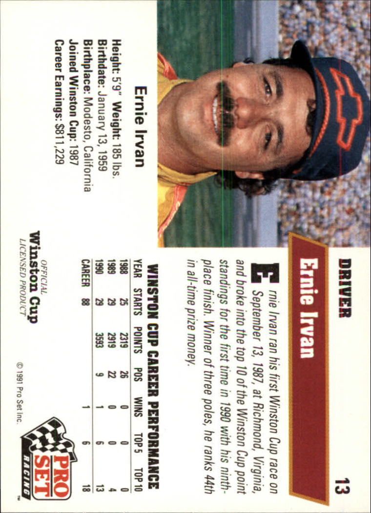 1991 Pro Set #13 Ernie Irvan back image