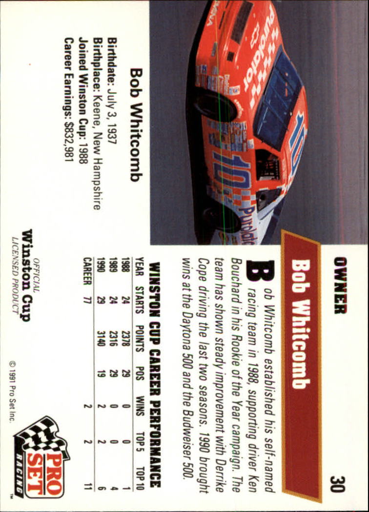 1991 Pro Set #30 Bob Whitcomb back image