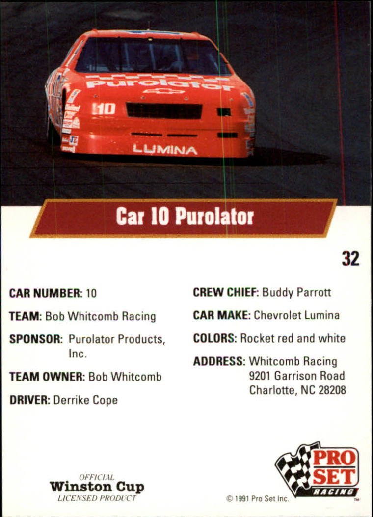 1991 Pro Set #32 Derrike Cope's Car back image