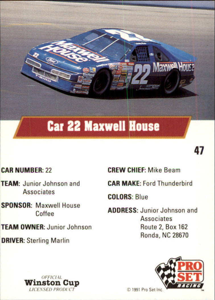 1991 Pro Set #47 Sterling Marlin's Car back image