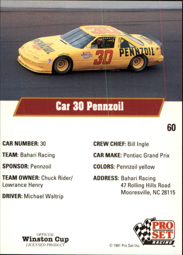 1991 Pro Set #60 Michael Waltrip's Car back image