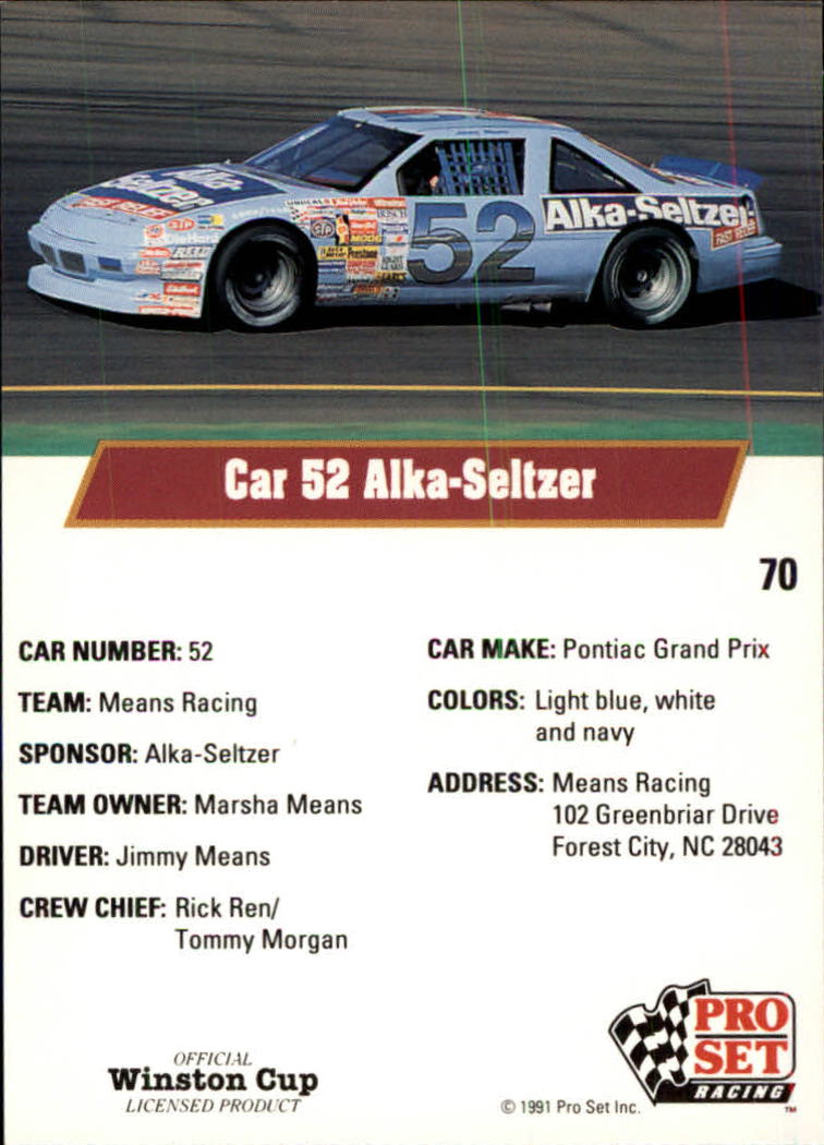 1991 Pro Set #70 Jimmy Means' Car back image