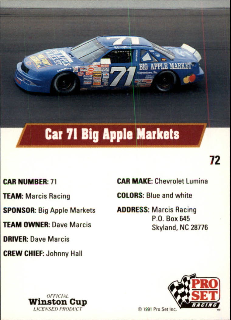 1991 Pro Set #72 Dave Marcis' Car back image