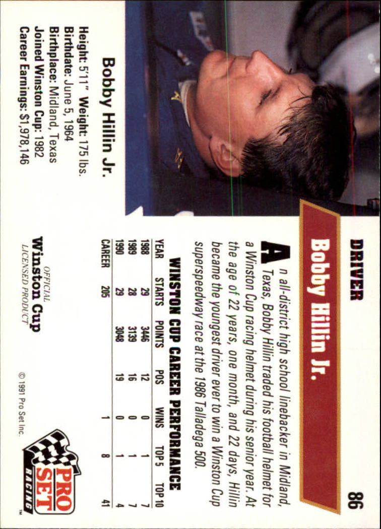 1991 Pro Set #86 Bobby Hillin back image