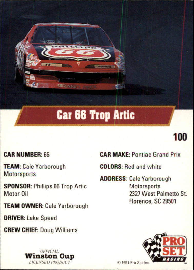 1991 Pro Set #100 Lake Speed's Car back image