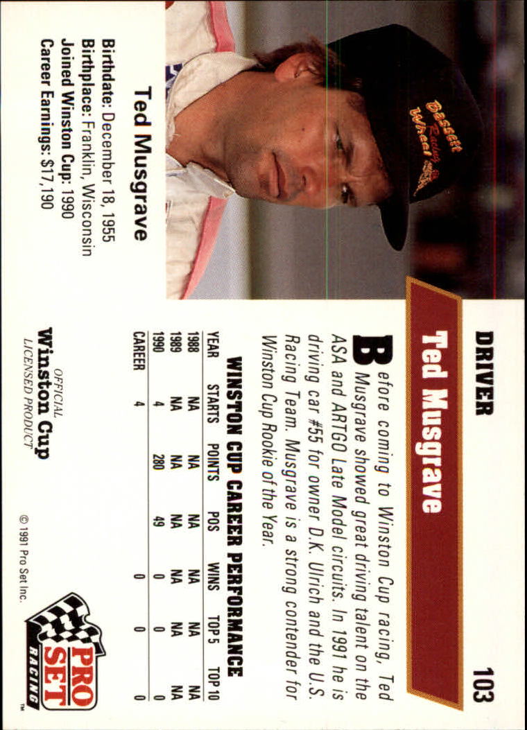 1991 Pro Set #103 Ted Musgrave RC back image