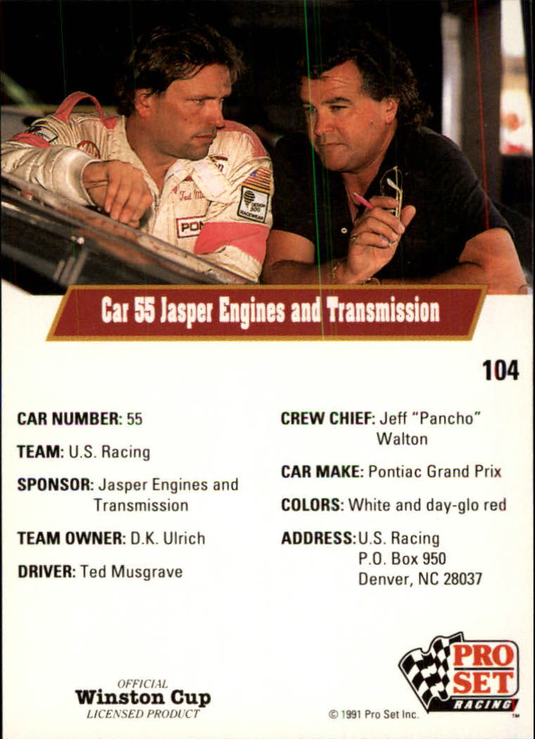 1991 Pro Set #104 Ted Musgrave's Car back image