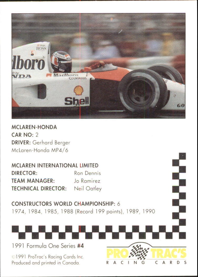 1991 Pro Tracs Formula One #4 Gerhard Berger's Car back image