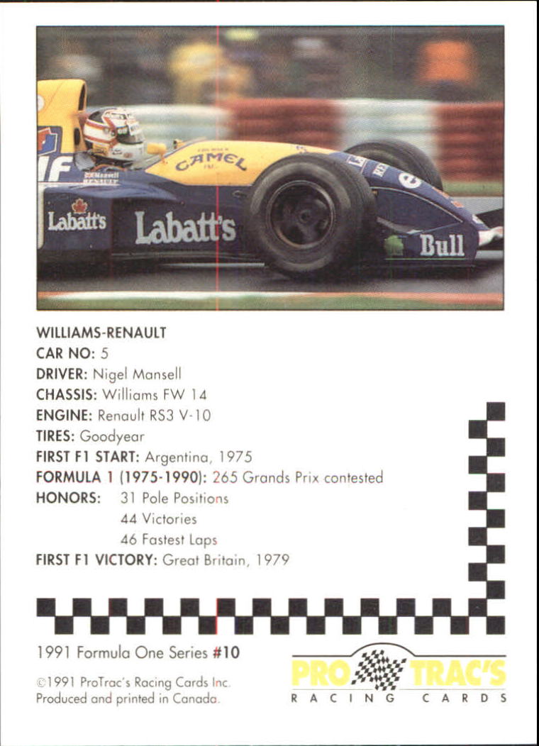 1991 Pro Tracs Formula One #10 Nigel Mansell's Car back image