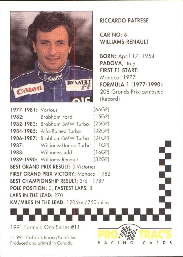 1991 Pro Tracs Formula One #11 Riccardo Patrese back image