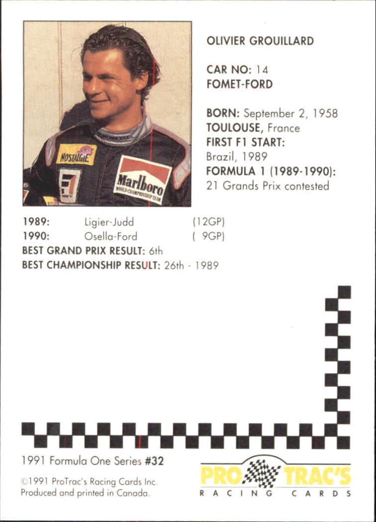 1991 Pro Tracs Formula One #32 Olivier Grouillard back image