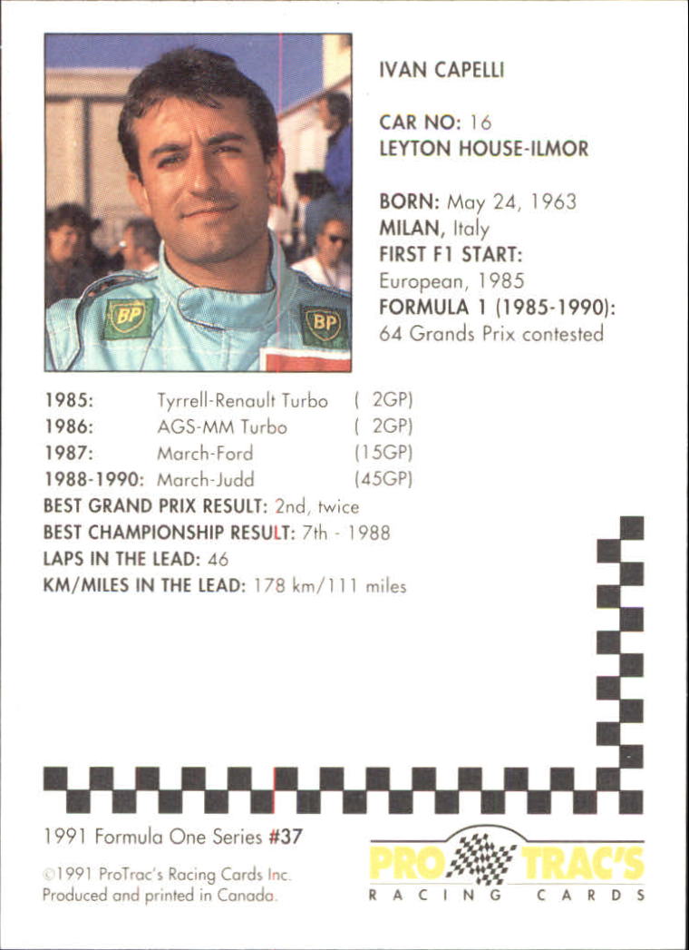 1991 Pro Tracs Formula One #37 Ivan Capelli back image