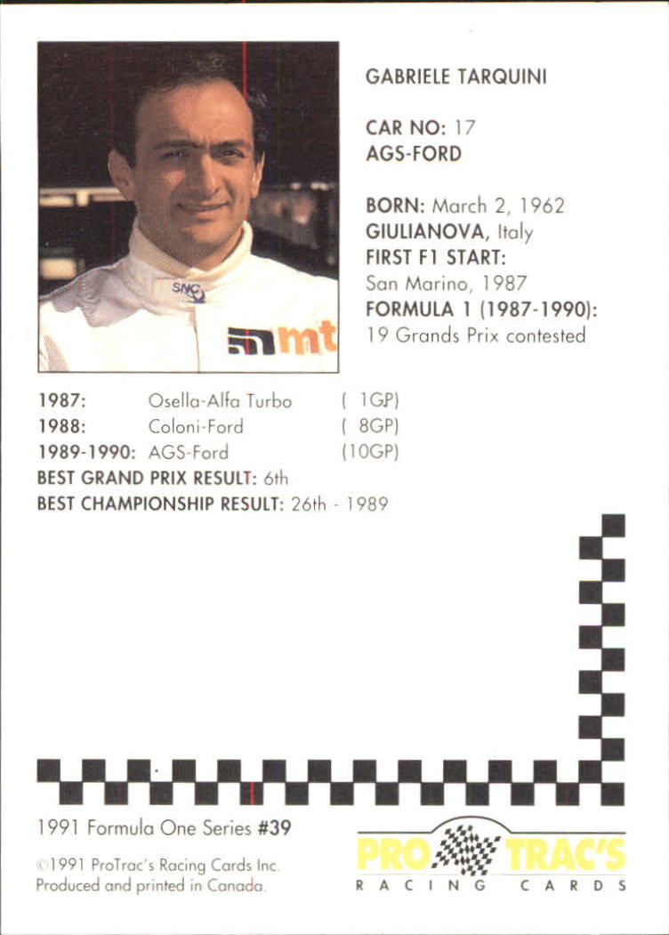 1991 Pro Tracs Formula One #39 Gabriele Tarquini back image