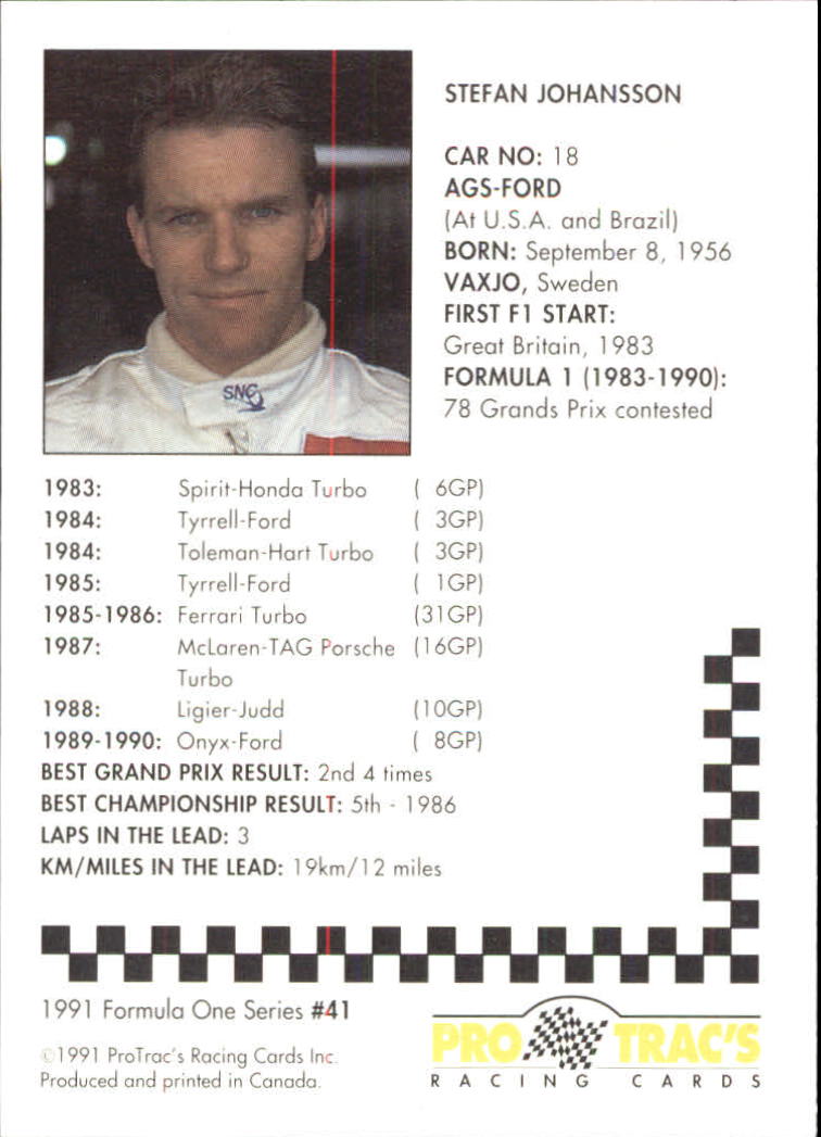 1991 Pro Tracs Formula One #41 Stefan Johansson back image
