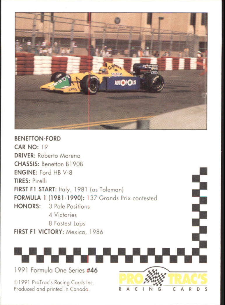 1991 Pro Tracs Formula One #46 Roberto Moreno's Car back image