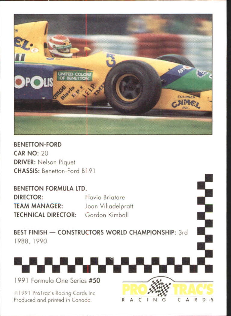 1991 Pro Tracs Formula One #50 Nelson Piquet's Car back image
