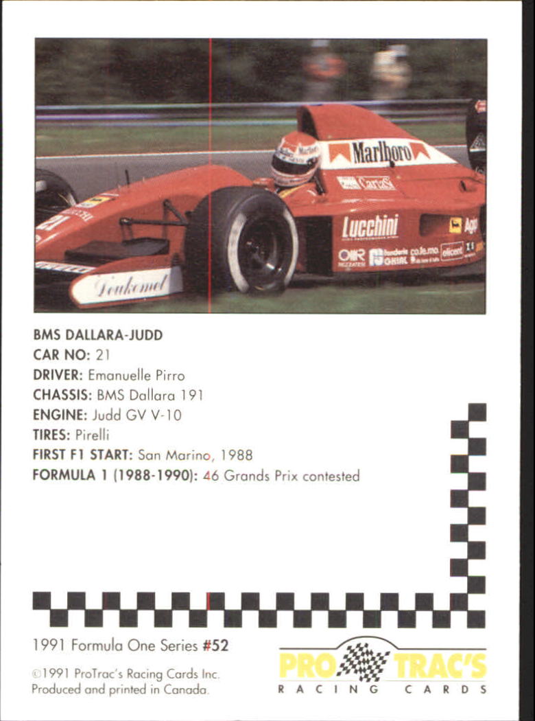 1991 Pro Tracs Formula One #52 Emanuele Pirro's Car back image