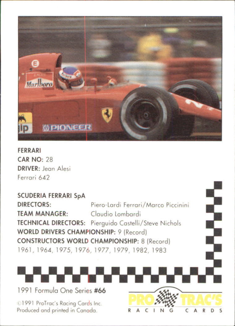 1991 Pro Tracs Formula One #66 Jean Alesi's Car back image