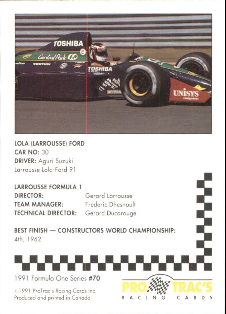 1991 Pro Tracs Formula One #70 Aguri Suzuki's Car back image