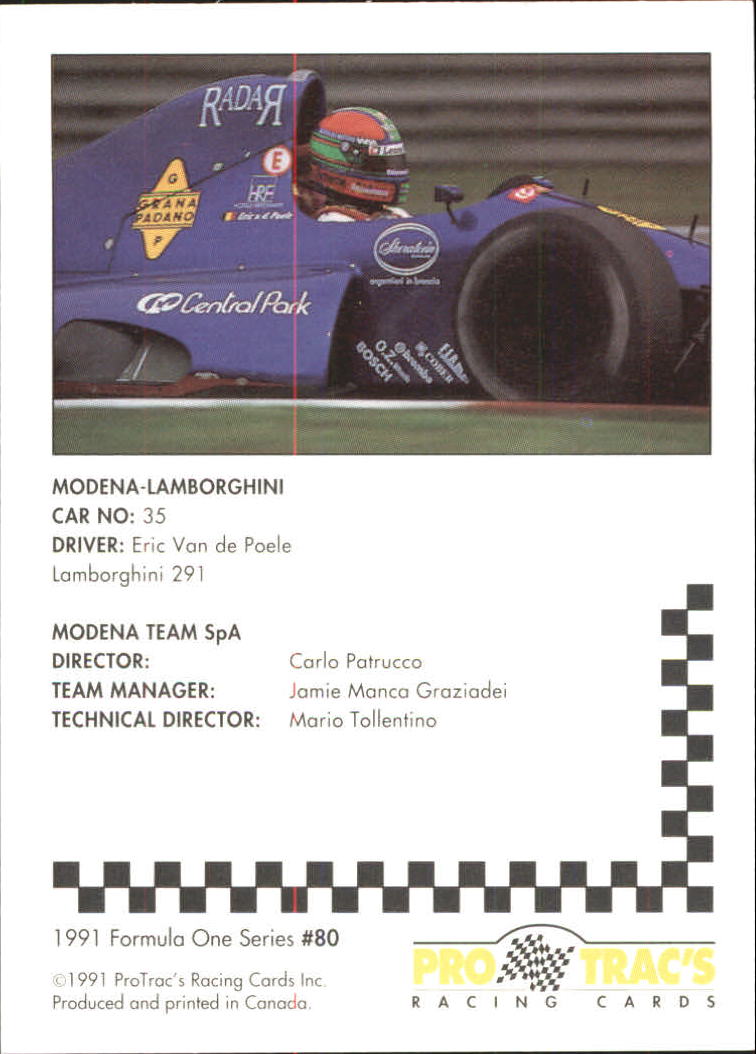 1991 Pro Tracs Formula One #80 Eric Van de Poele's Car back image