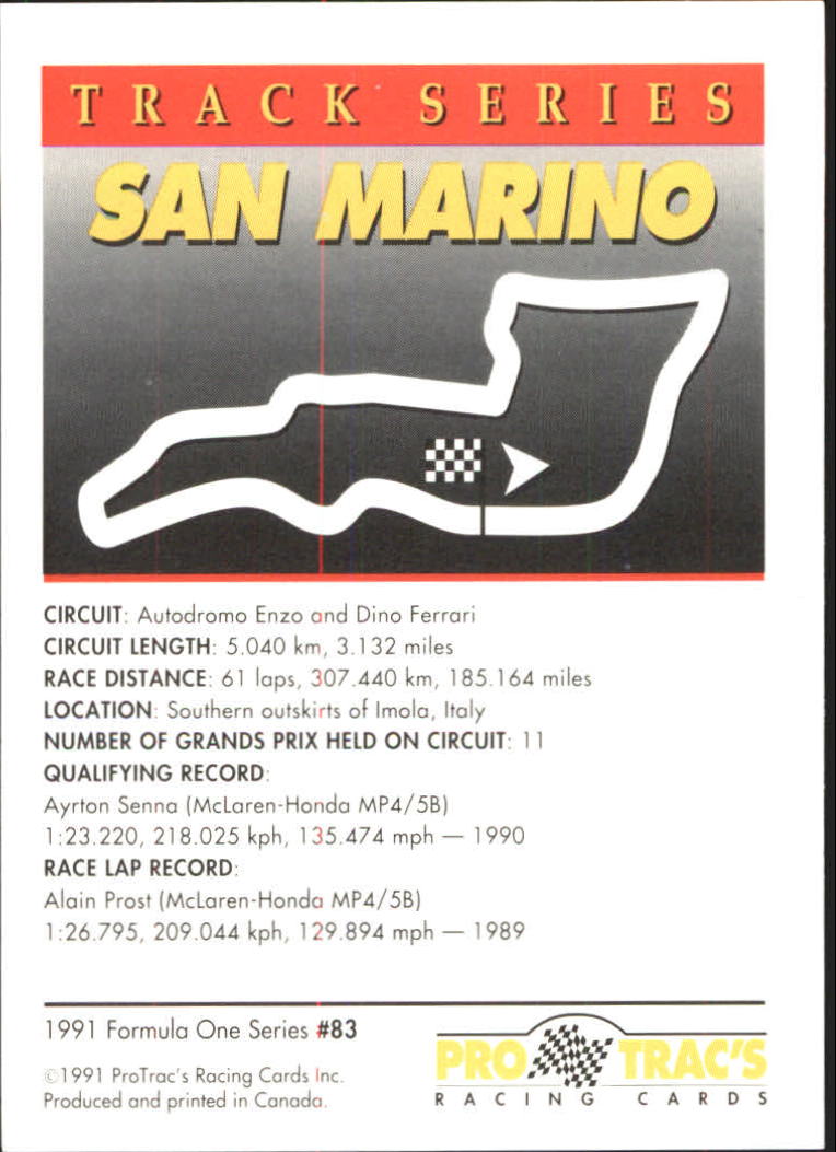 1991 Pro Tracs Formula One #83 San Marino Race Track back image