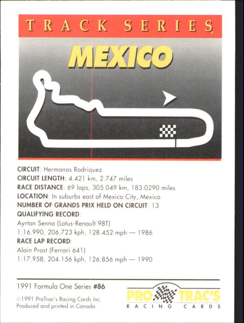 1991 Pro Tracs Formula One #86 Mexico Race Track back image