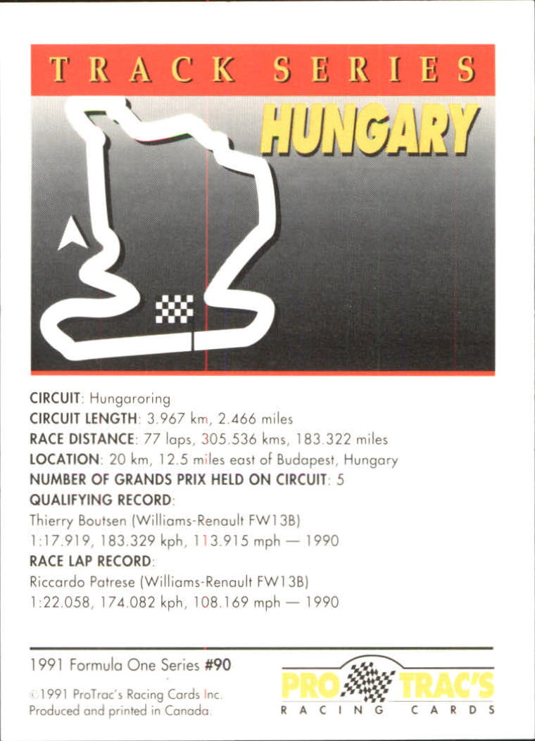 1991 Pro Tracs Formula One #90 Hungary Race Track back image