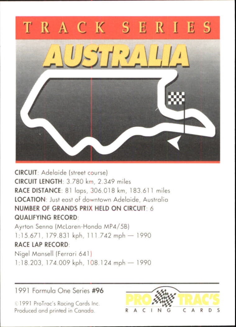 1991 Pro Tracs Formula One #96 Australia Race Track back image