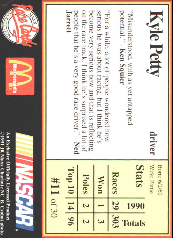 1991 Maxx McDonald's #11 Kyle Petty back image