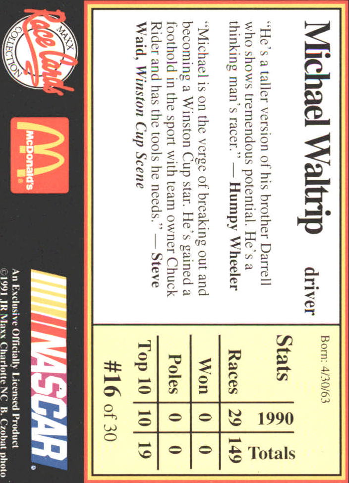 1991 Maxx McDonald's #16 Michael Waltrip back image