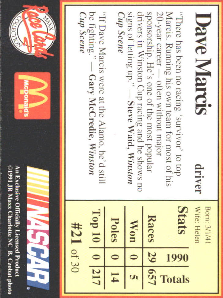 1991 Maxx McDonald's #21A Dave Marcis ERR back image