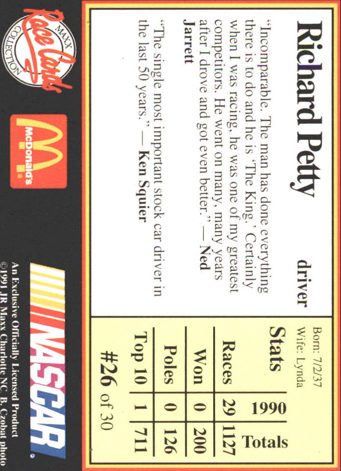 1991 Maxx McDonald's #26 Richard Petty back image