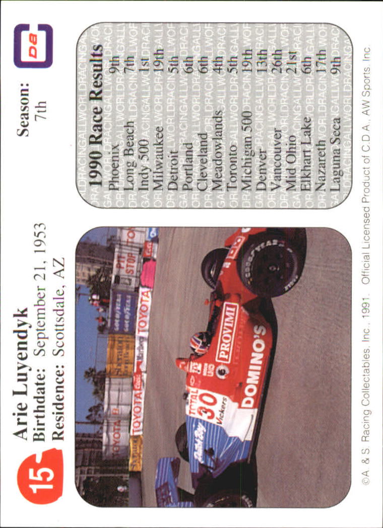 1991 All World Indy #15 Arie Luyendyk back image