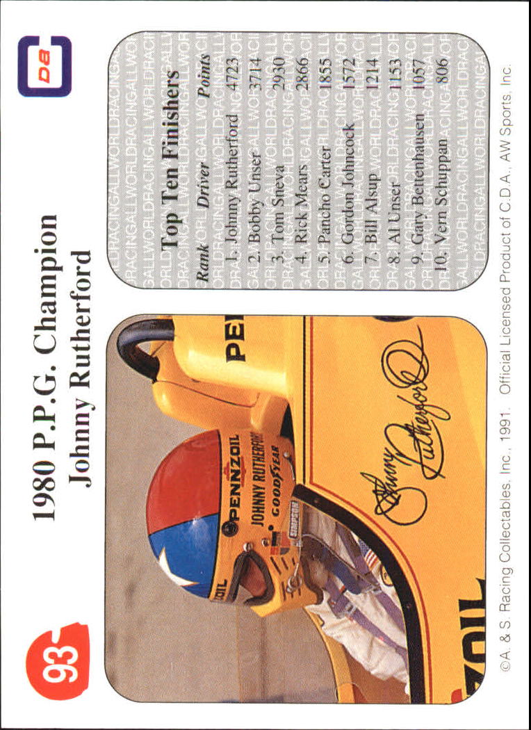 1991 All World Indy #93 Johnny Rutherford PPGC back image