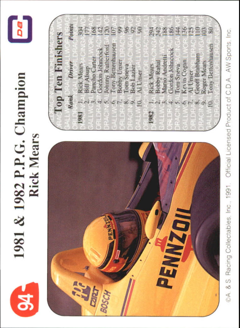 1991 All World Indy #94 Rick Mears PPGC back image