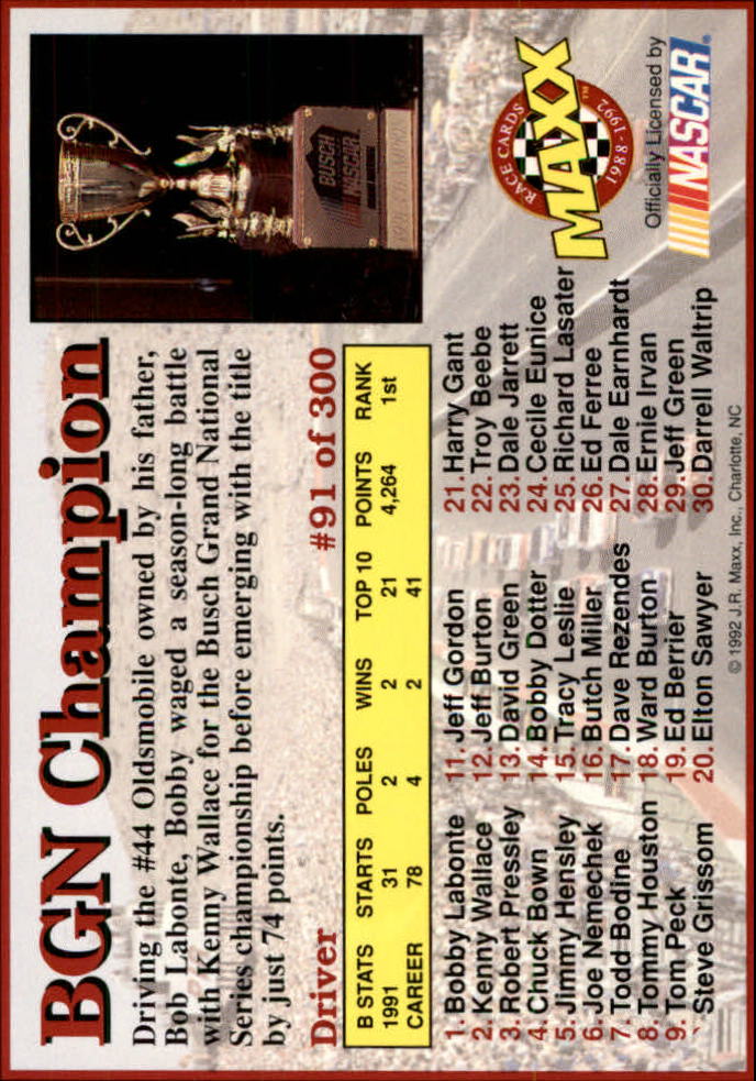 1992 Maxx Black #91 Bobby Labonte/BGN Champ back image