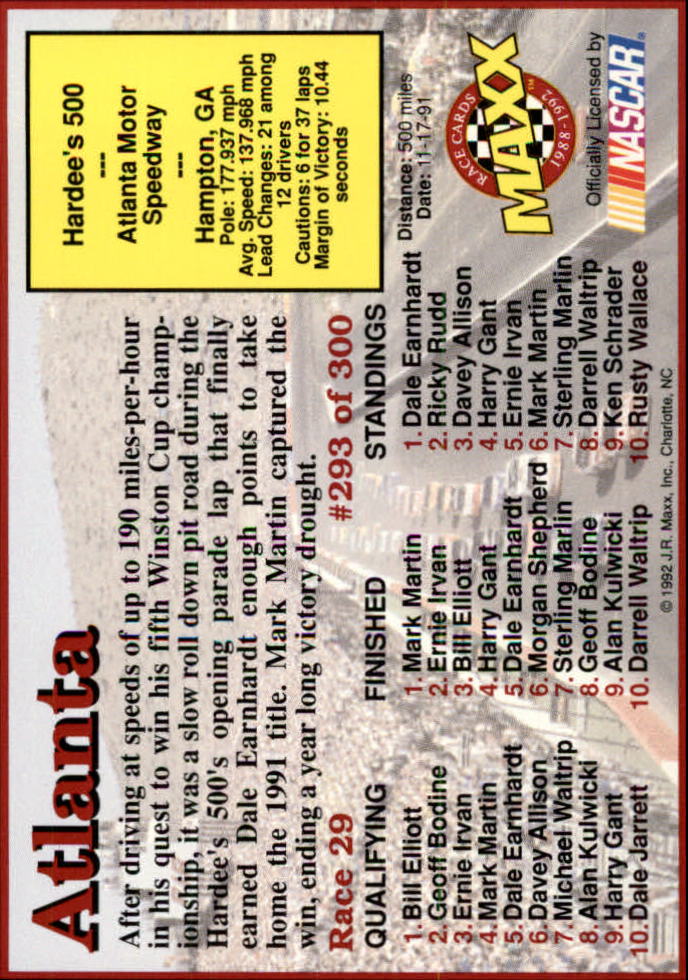 1992 Maxx Black #293 Mark Martin/Year in Review back image