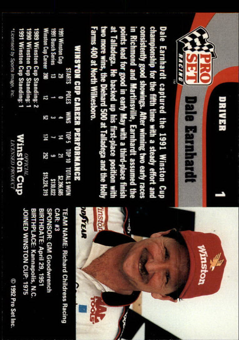 1992 Pro Set #1 Dale Earnhardt back image