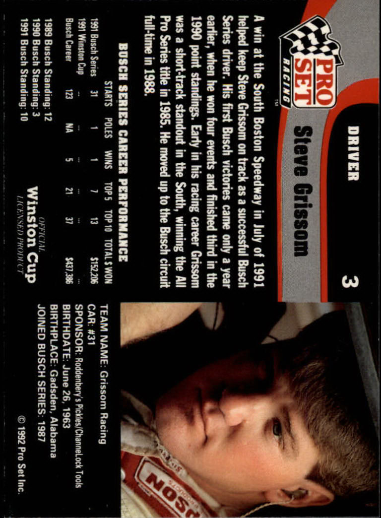 1992 Pro Set #3 Steve Grissom back image