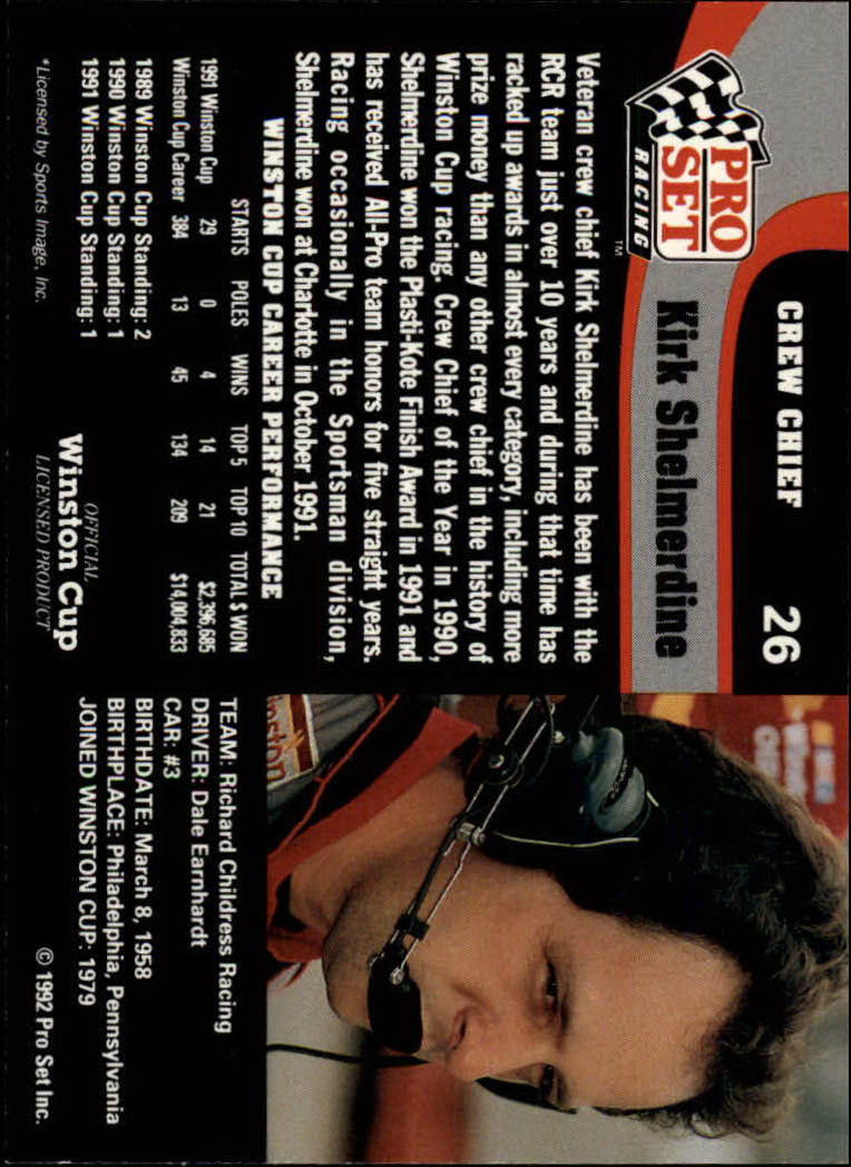 1992 Pro Set #26 Kirk Shelmerdine back image