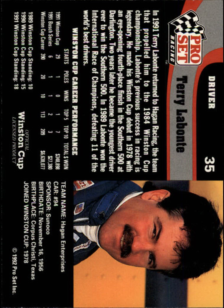 1992 Pro Set #35 Terry Labonte back image