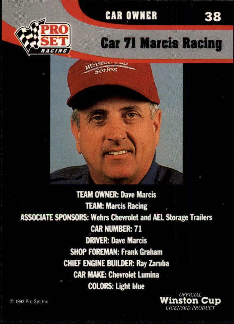 1992 Pro Set #38 Dave Marcis' Car back image