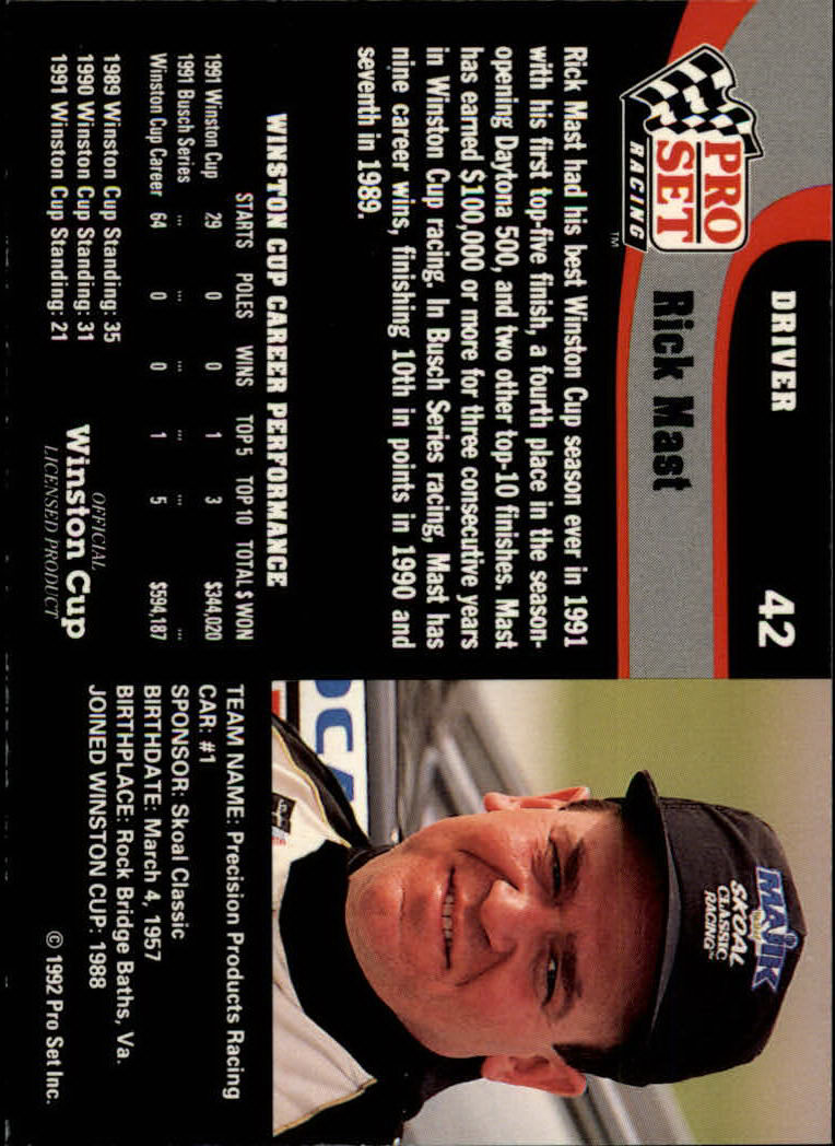 1992 Pro Set #42 Rick Mast back image