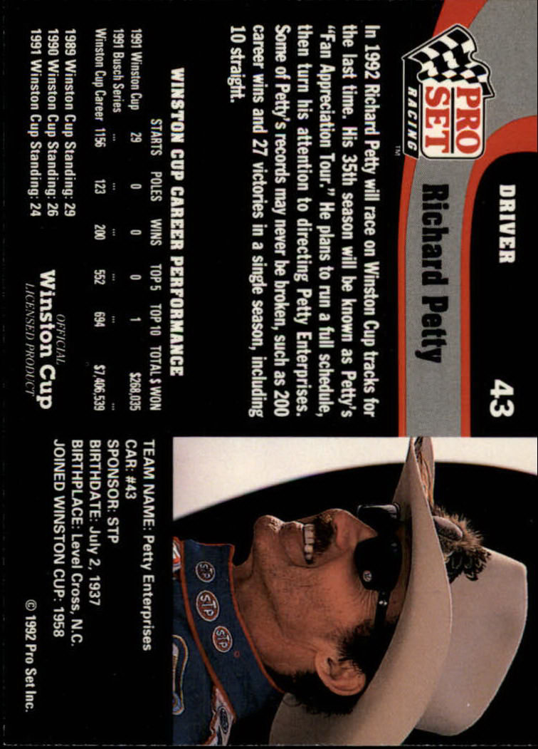 1992 Pro Set #43 Richard Petty back image