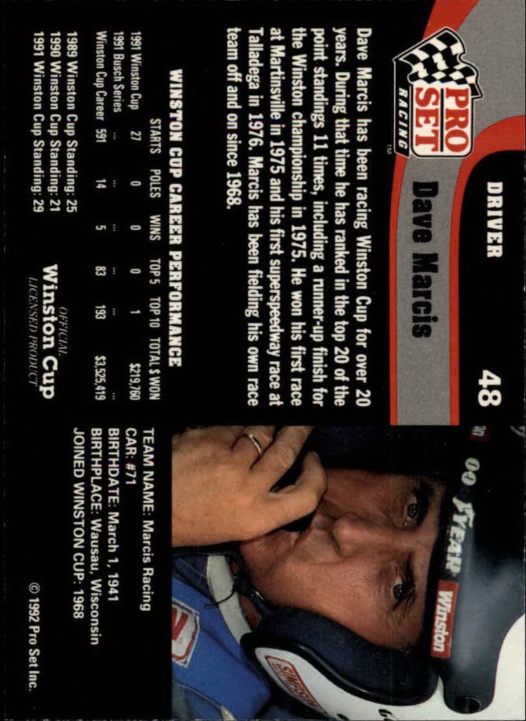 1992 Pro Set #48 Dave Marcis back image